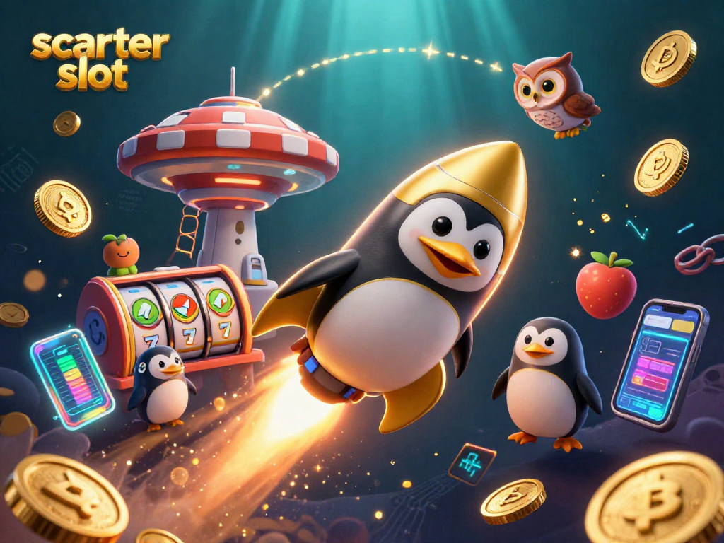 Spin the scatter slot in this vibrant 3D casino scene featuring a golden penguin and jackpot symbols.