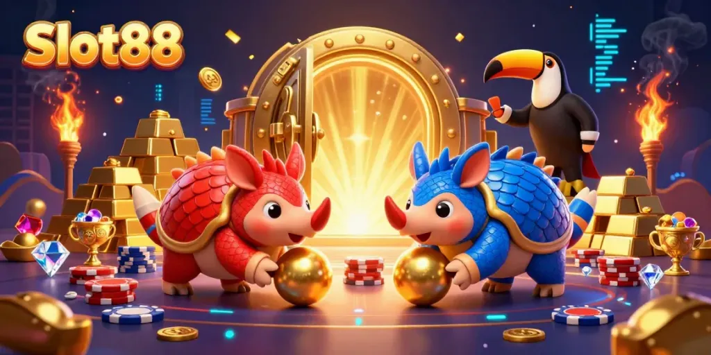 Slot88 menghadirkan dua pangolin rival dalam permainan slot yang seru dengan tumpukan chip poker.