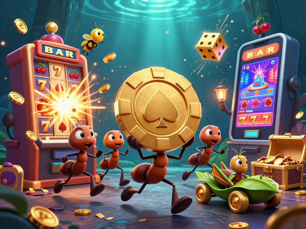 Engage with U888 by watching 3D cartoon ants heist casino chips amid a jackpot explosion.