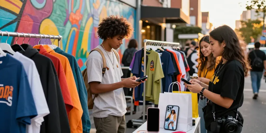 Fashion lover exploring trendy streetwear at a pop-up shop for bro168 styles in vibrant urban setting.