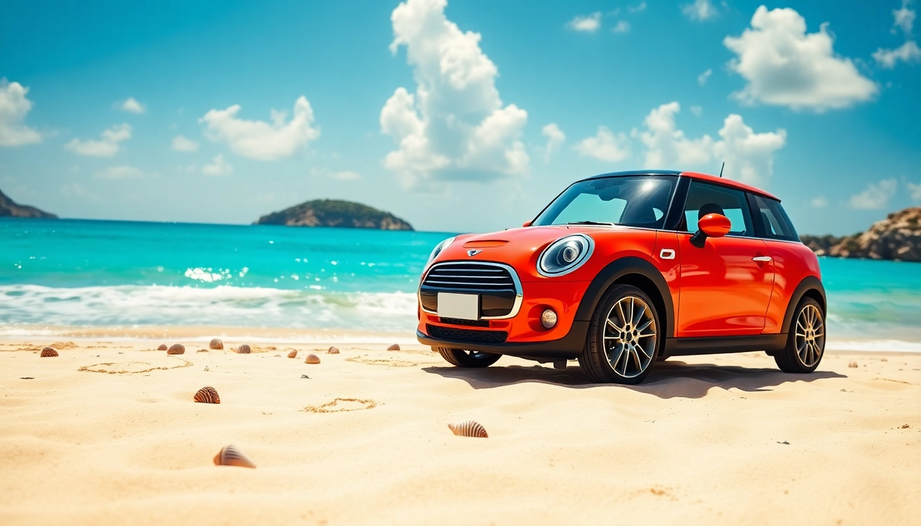 Experience a vibrant Mini Cooper st Barts rental at a beautiful beach setting.