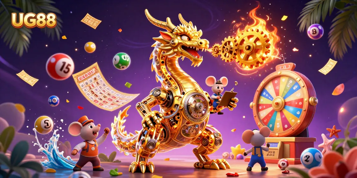Engage with UG88's thrilling gaming world featuring a biomechanical dragon and dynamic lottery elements.