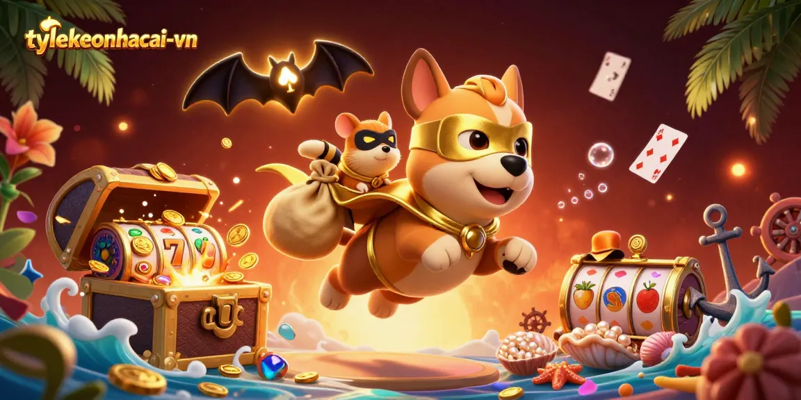 Engaging illustration of tylekeonhacai-vn with a superhero dog flying amidst vibrant slot and casino elements.