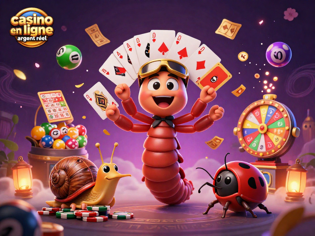 Explorez casino en ligne argent réel avec un illustration colorée et dynamique illustrant des jeux de loterie et des personnages animés.