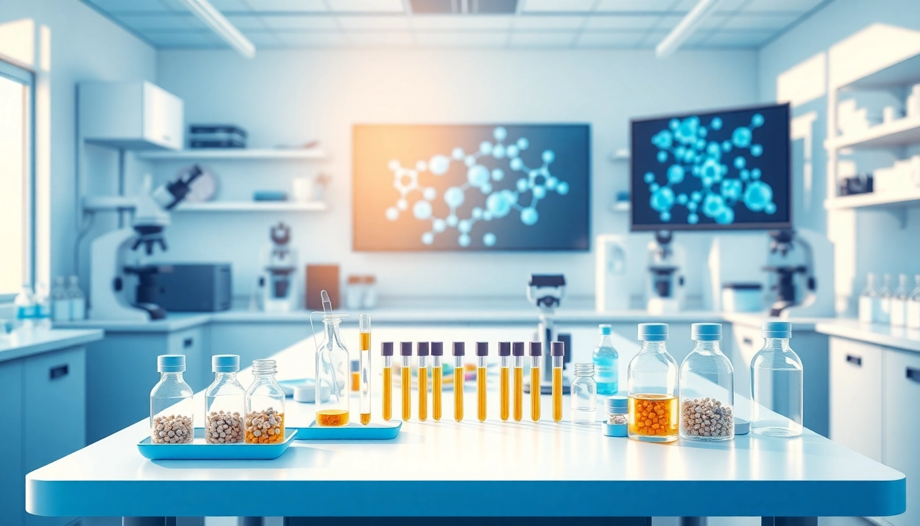 Sample of mots-c 40mg displayed on a laboratory table with tools and molecular models.