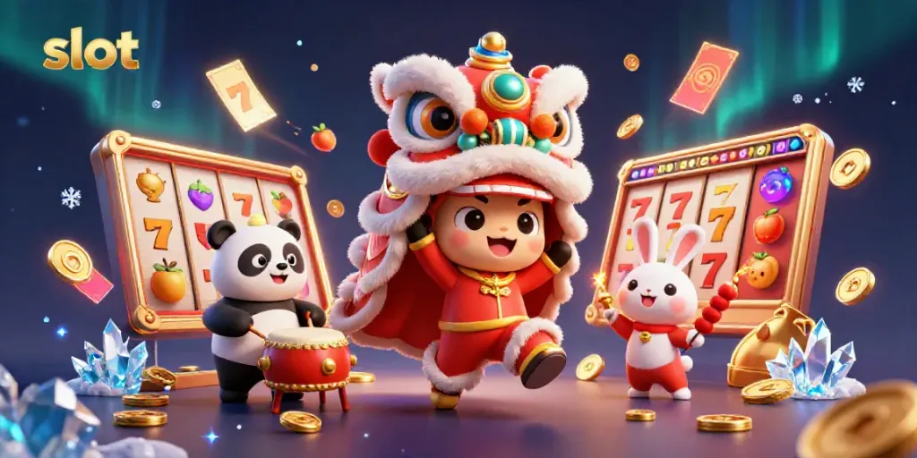 Permainan slot menyenangkan dengan karakter dalam kostum dan elemen kasino yang kaya warna