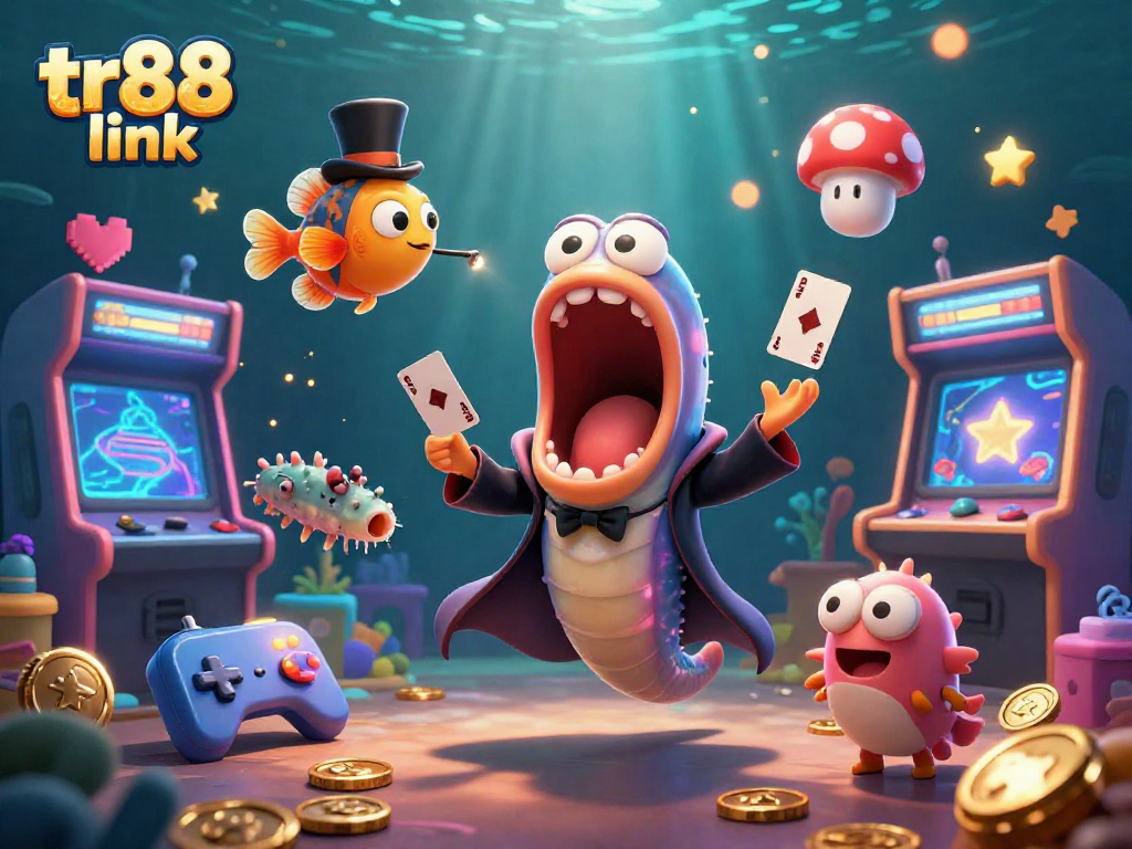 Engage with tr88 link as a bioluminescent eel performs magic amidst vibrant casino elements.