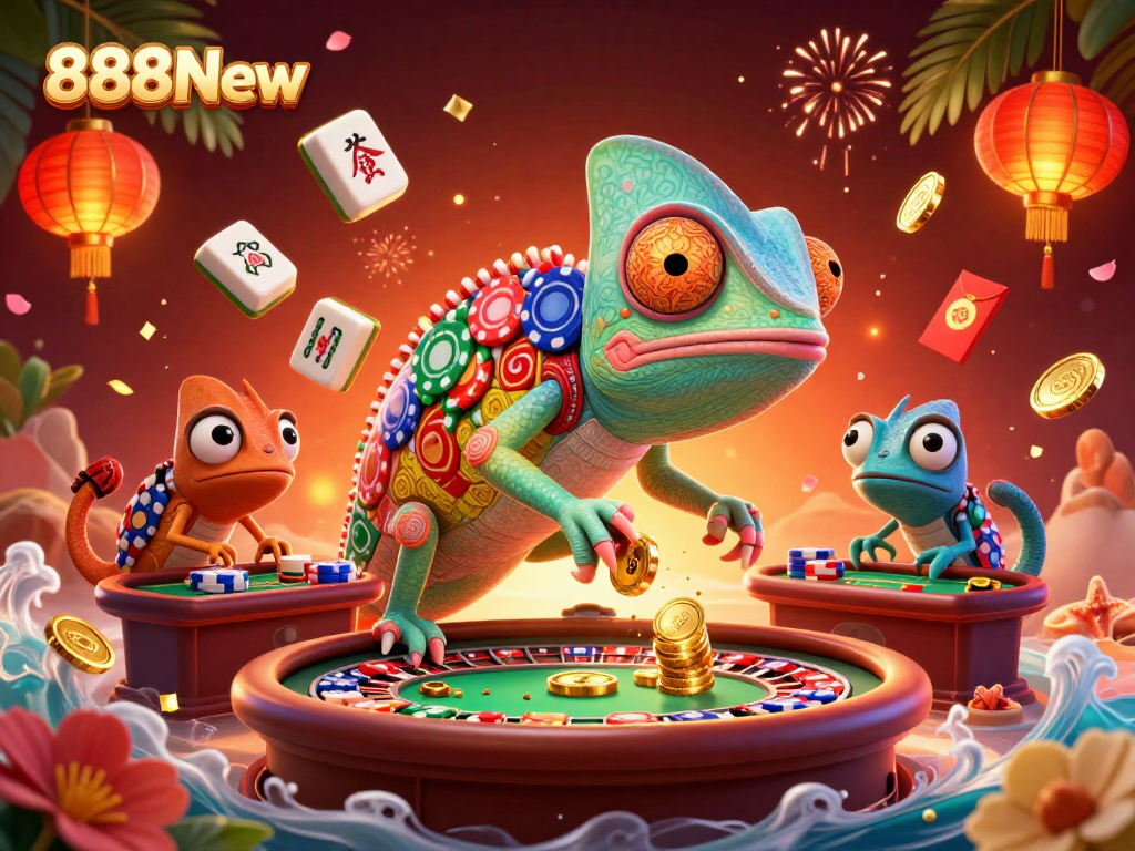 Play exciting games and win at 888New, featuring a colorful chameleon casino owner.