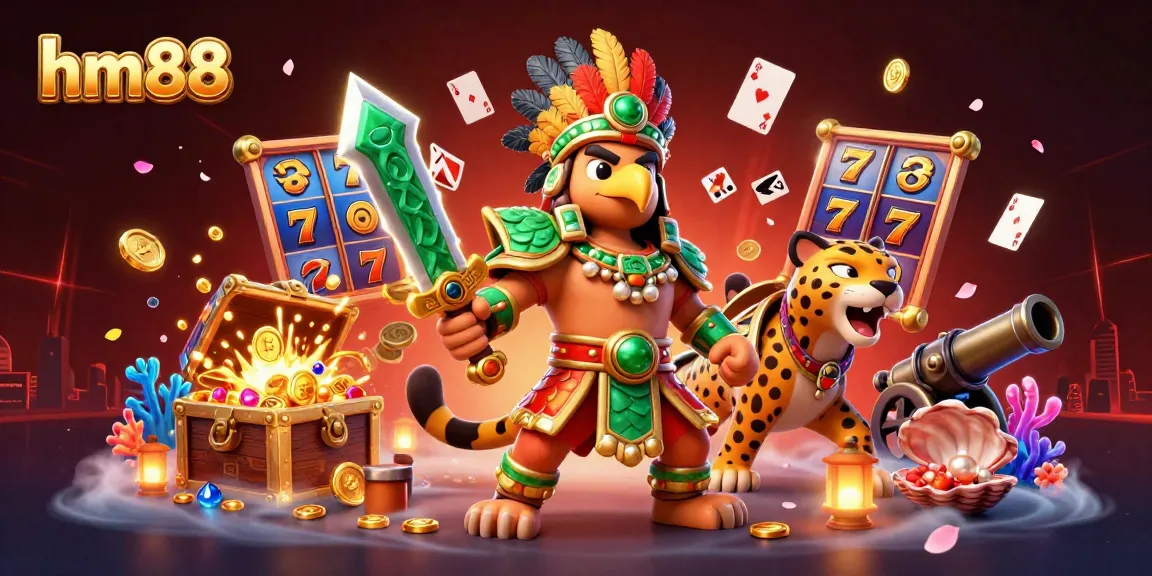Play thrilling slot games at hm88 with exciting Aztec warriors and vibrant casino elements.