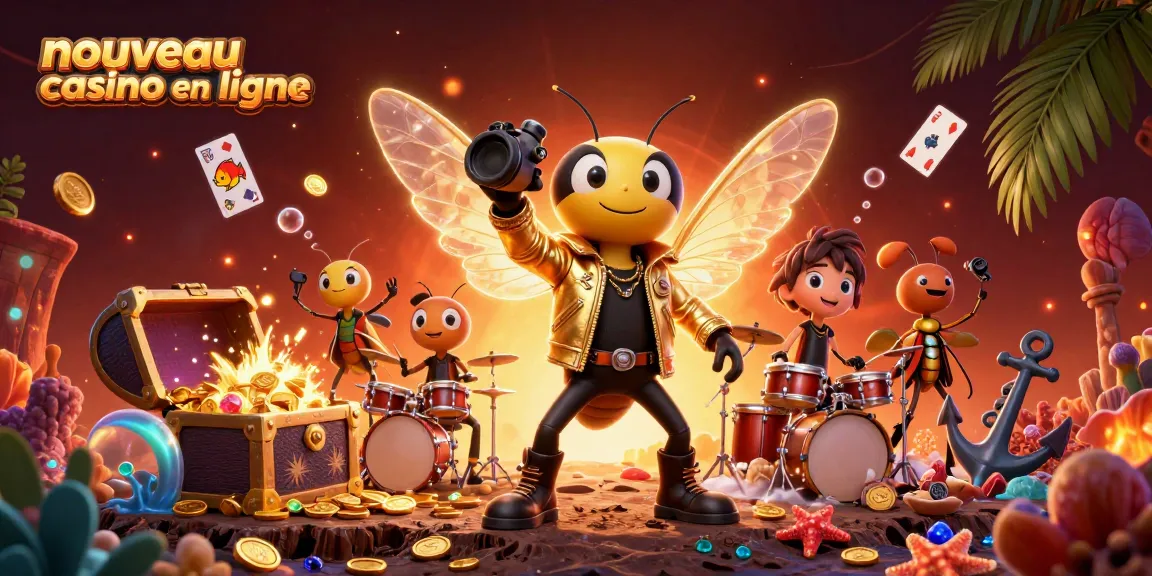 Une scène vibrante de nouveau casino en ligne, mettant en avant une cigale rock star en 3D et un batteur scarabée.