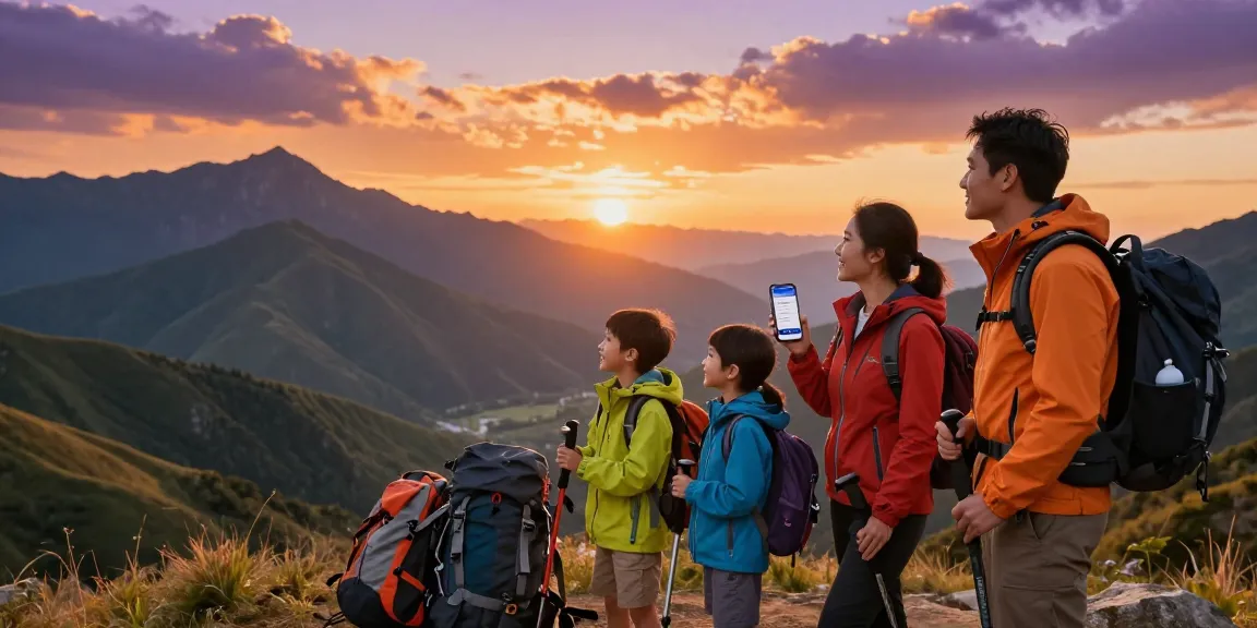 A family enjoying an outdoor adventure while accessing mantra88 login on their smartphone against a scenic mountain backdrop during sunset.