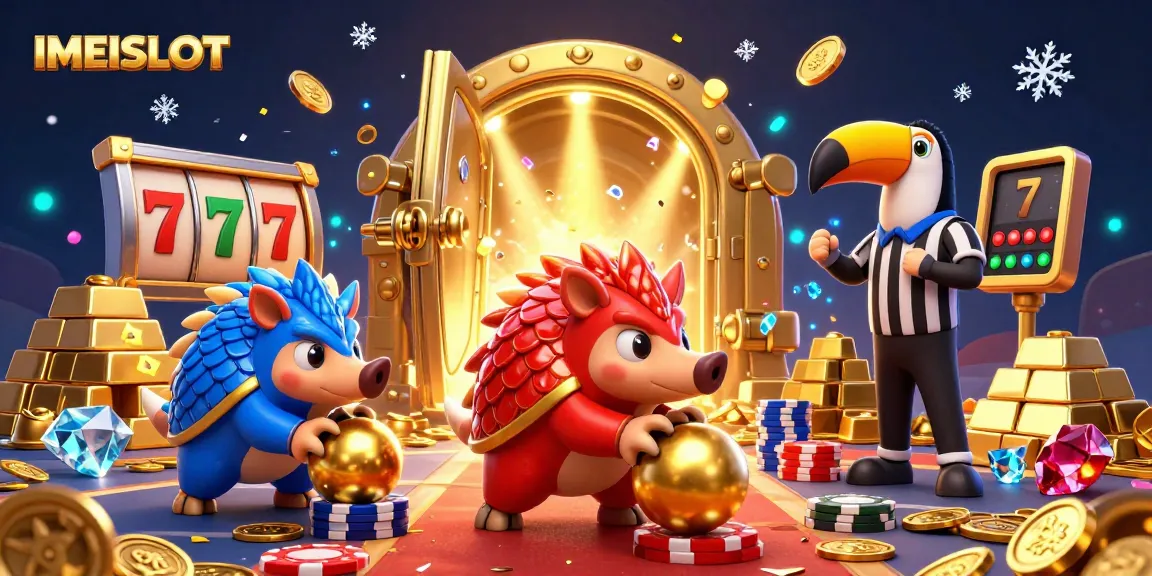 Engage in thrilling action with IMEISLOT as rivals bowl golden balls through poker chips in a vibrant 3D casino.