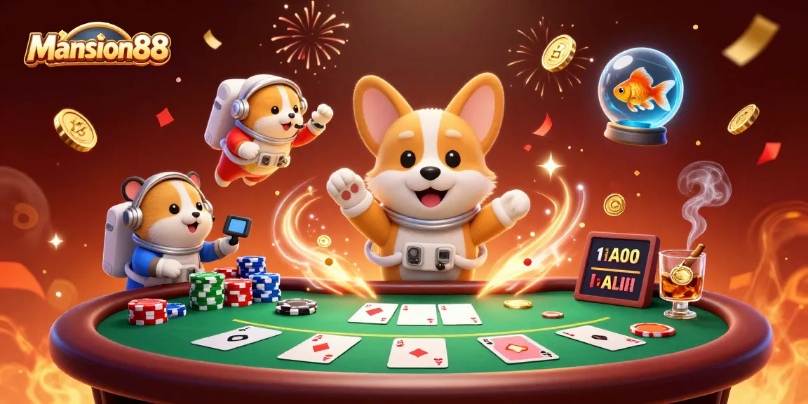 Mansion88 showcases a vibrant space casino scene with a corgi and hamster exploring gambling thrills.