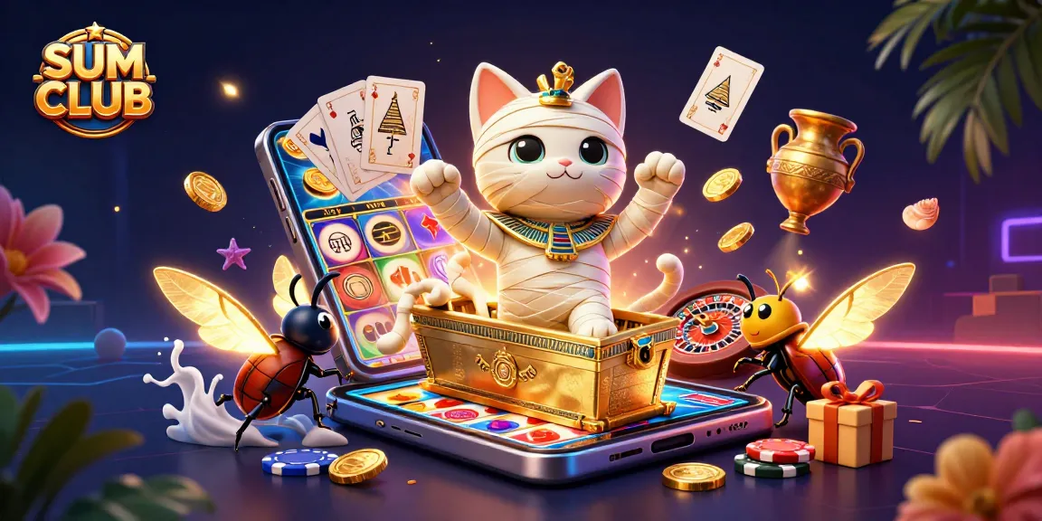 Experience the excitement of SUM CLUB with a vibrant 3D casino scene featuring lucky symbols and dynamic elements.