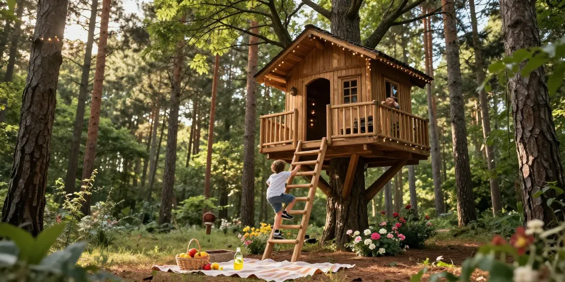 Treehouses for children nestled in a sunny woodland, creating magical outdoor memories.