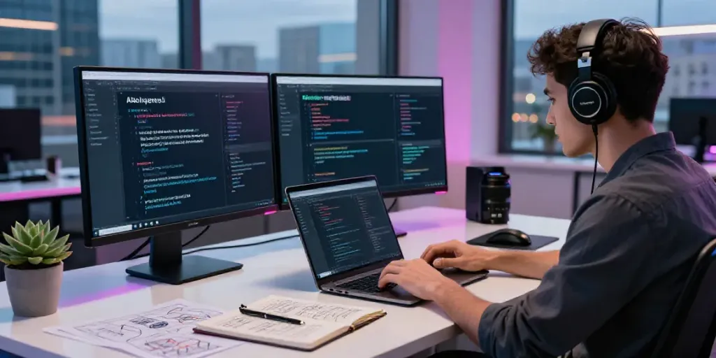 Developer using an artificial intelligence text generator in a modern workspace with dual monitors and city view.