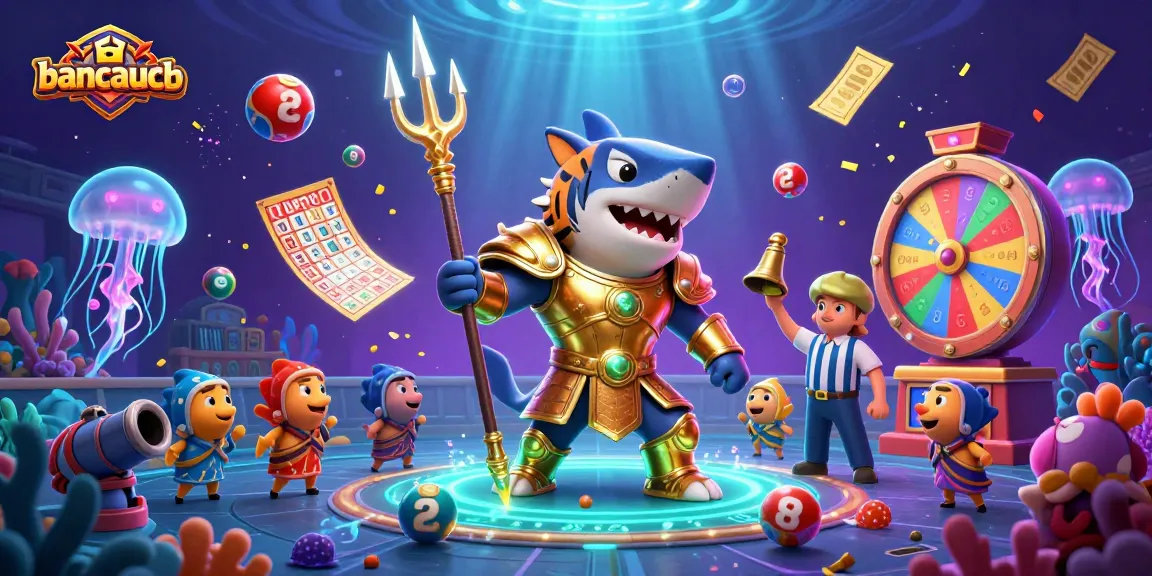 Engage with bancaucb in thrilling underwater action matching the shark gladiator and lively fish audience.