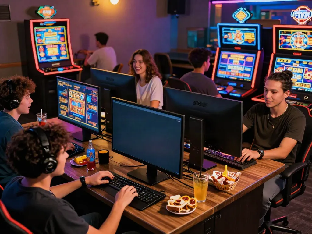 Exciting online gaming scene with friends enjoying สล็อตเว็บตรง on colorful screens in a cozy lounge.