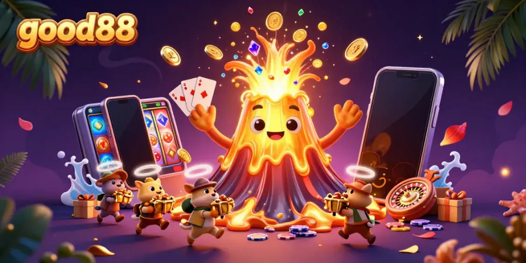 Experience the thrill of good88 with a golden volcano and treasure-filled adventure in this vibrant casino art.