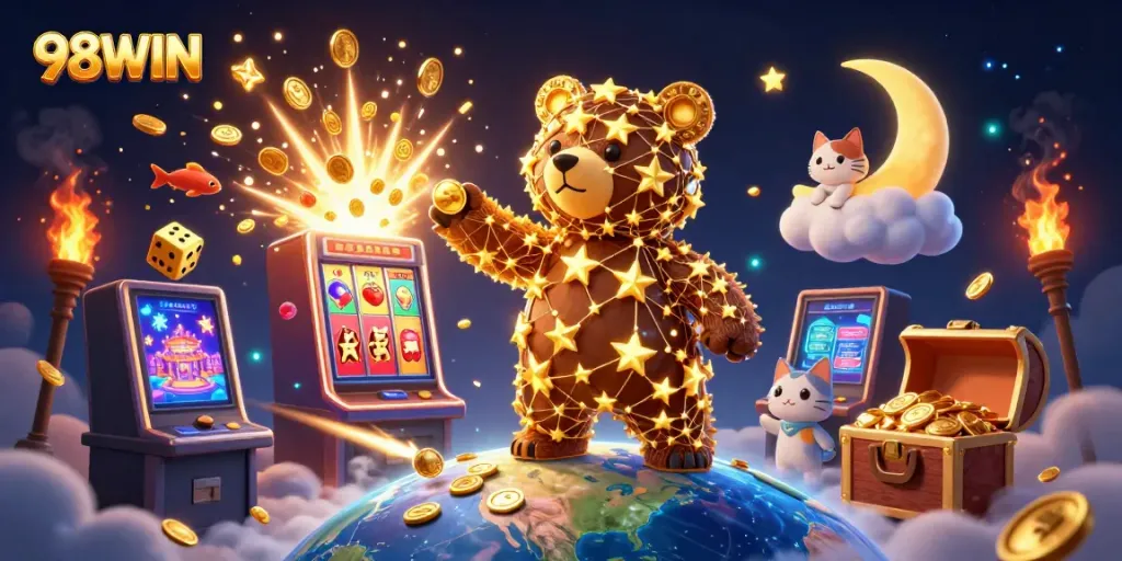Engage in the thrilling world of 98WIN casino excitement with coin-filled jackpots and vibrant game elements.