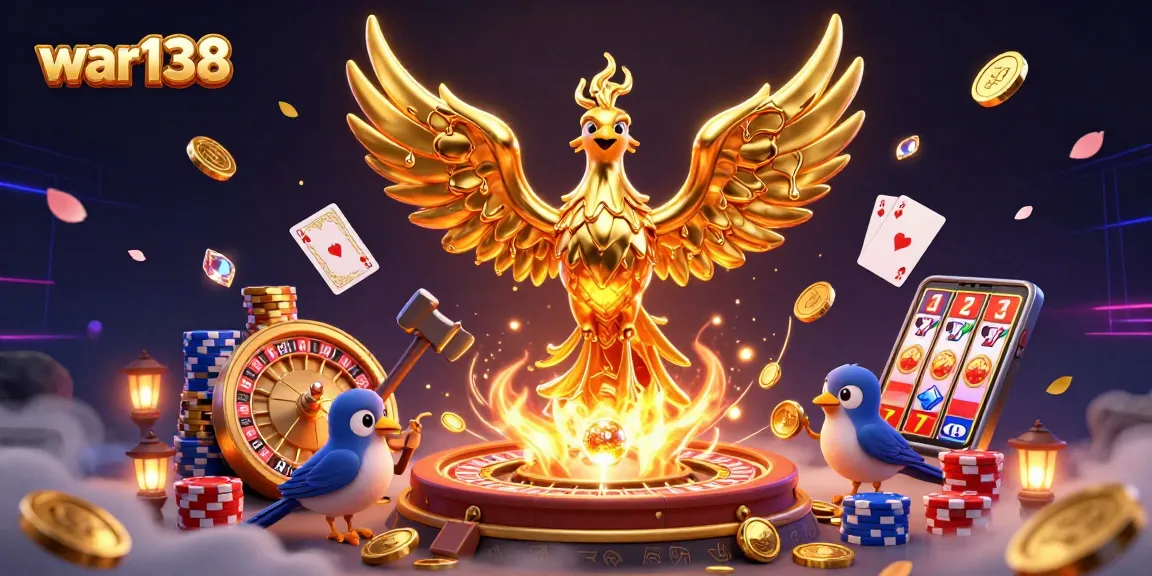 Experience the excitement of war138 with a 3D illustration of a golden phoenix emerging from a forge, surrounded by casino elements.