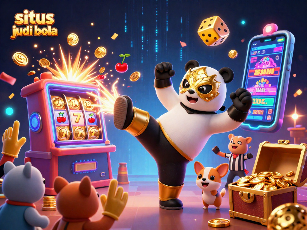 Experience thrilling sports betting action with situs judi bola featuring a cheerful panda and dynamic game elements.