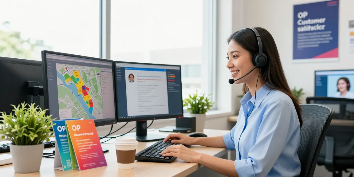 Dedicated customer service representative helping clients with 오피코리아 services in a bright call center environment.