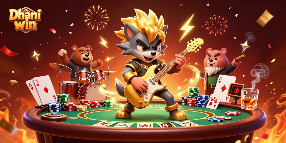 Dhani win showcases thrilling gaming excitement with a cartoon wolf rocking out on stage amidst vibrant casino elements.