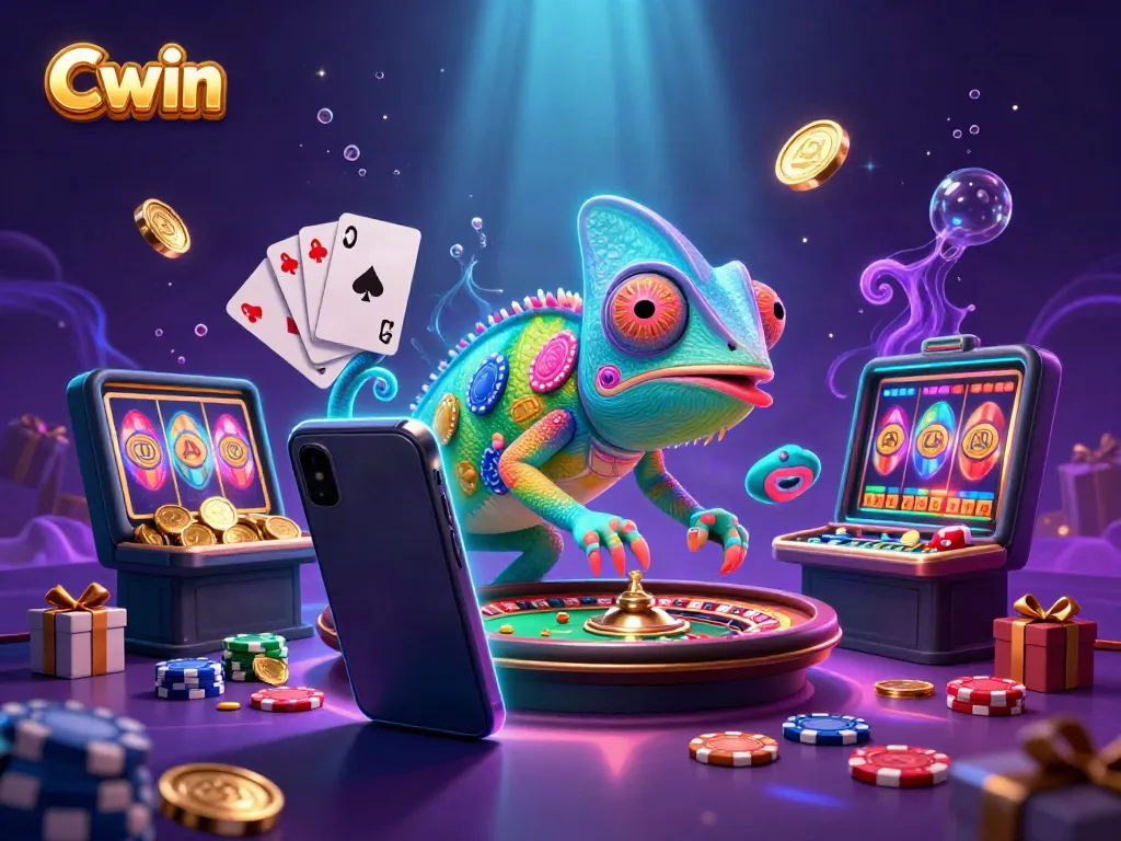 Cwin chameleon casino owner interacts with dynamic gaming elements in vibrant casino scene.