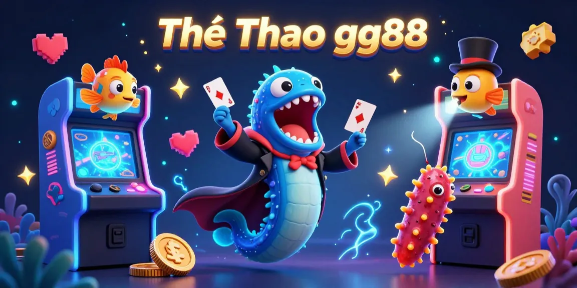 Engage with Thể Thao gg88 as a deep-sea eel performs gambling card tricks in a lively arcade.