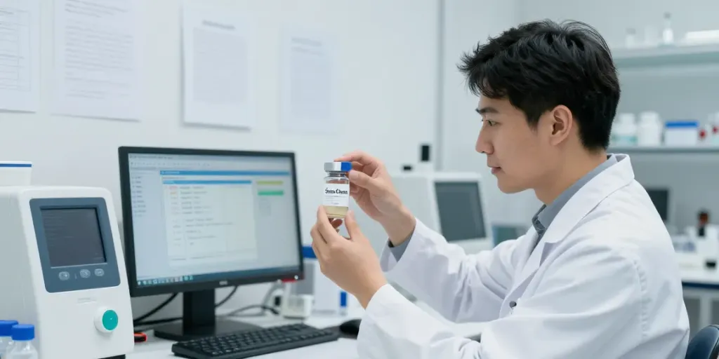 High-purity Swiss Chems peptides being examined in a modern lab.