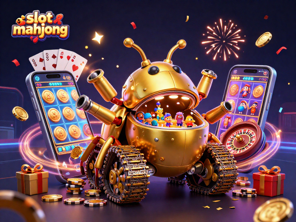 Experience the thrill of slot mahjong with a vibrant and dynamic casino scene featuring a golden beetle tank.