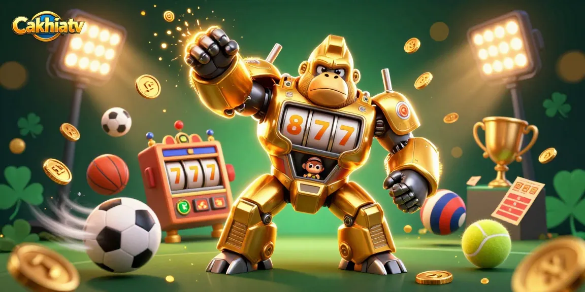 Cakhiatv showcases a thrilling 3D gorilla mech celebrating big wins with spinning slot reels and dynamic sports elements.