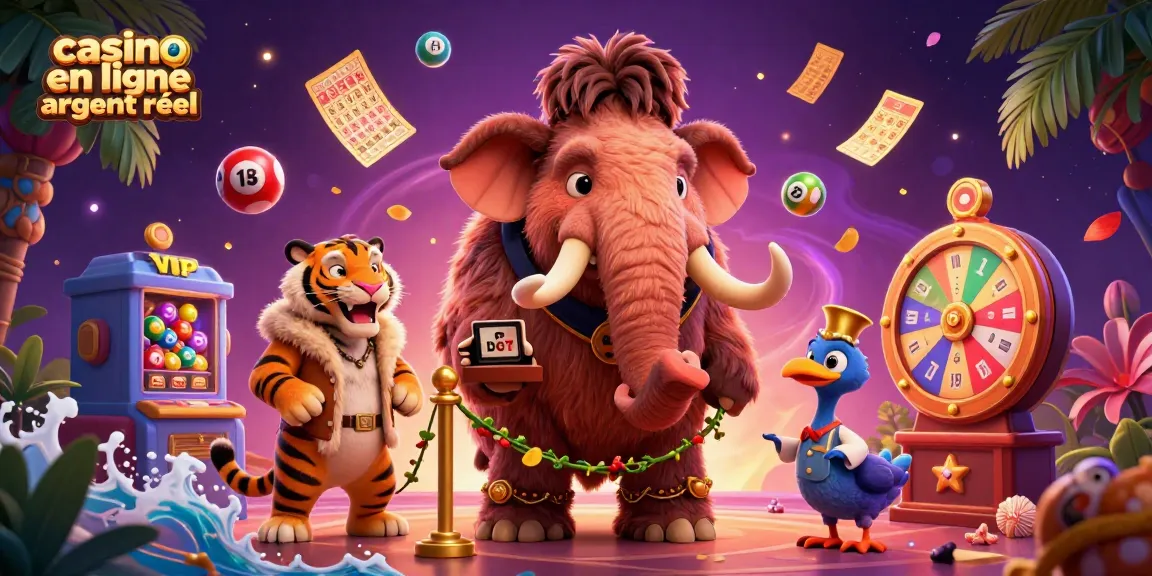 Illustration dynamique d'un mammouth bouncer et un tigre VIP au casino en ligne argent réel, accompagné de loteries colorées.
