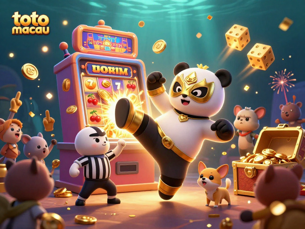 Experience the excitement of gaming at toto macau with a dynamic wrestling panda illustration amid casino visuals.