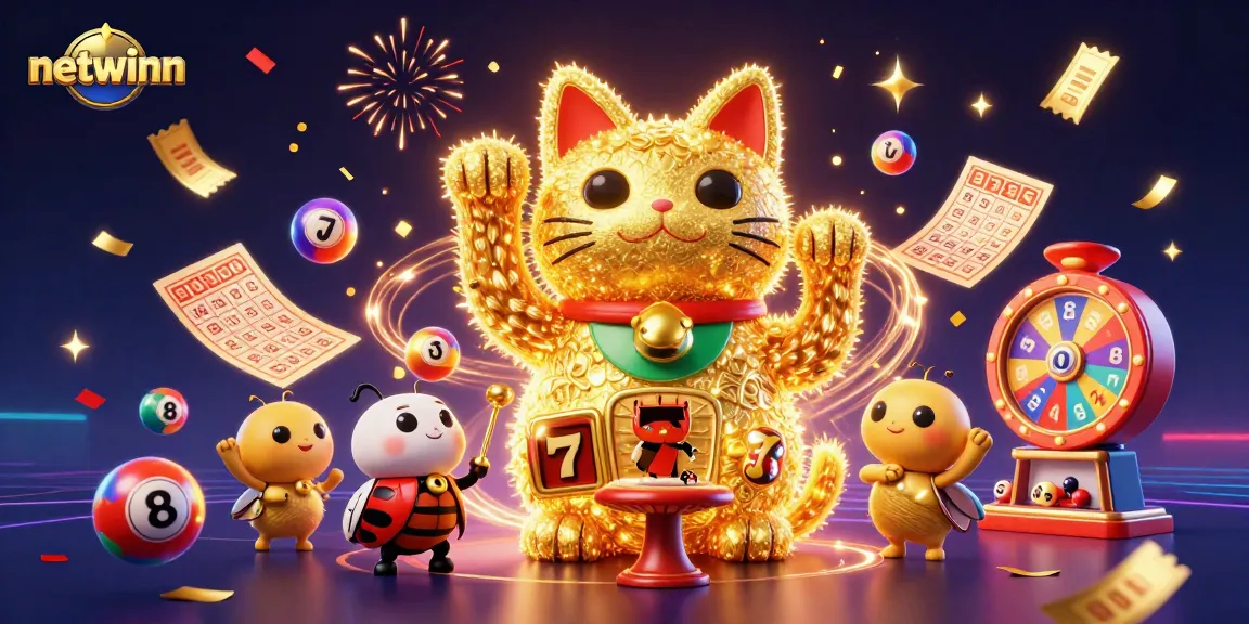 Engage with netwinn's thrilling online casino experience featuring vibrant symbols, lucky cat, and colorful game elements.
