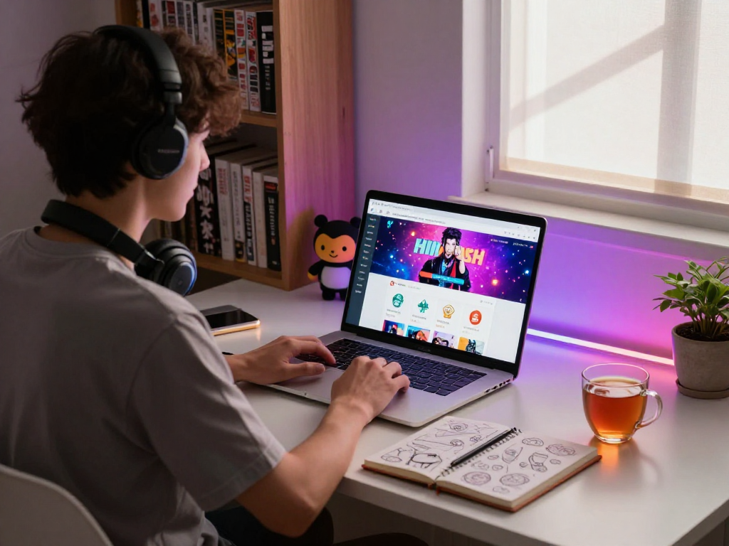 Youth engaging in hentai chat on stylish laptop in cozy home office.