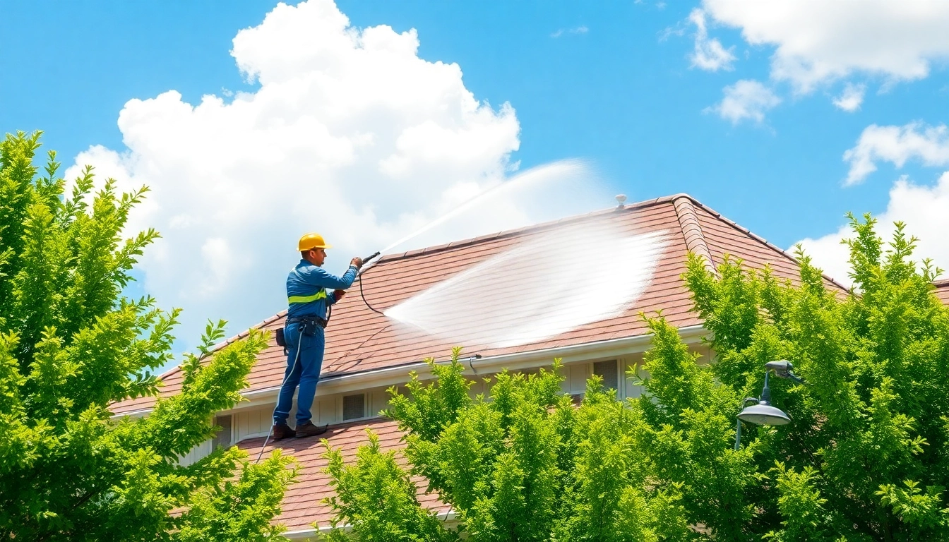 Roof Cleaning in progress with a technician using soft wash techniques on a sunny residential roof.