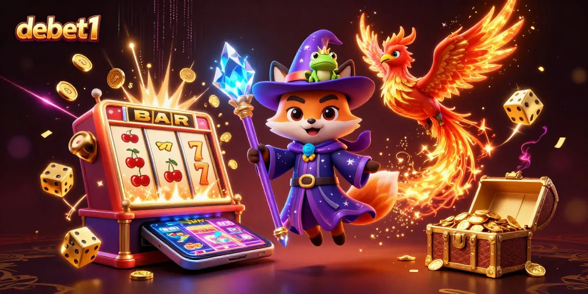 Engage with debet1's thrilling environment illustrated by a wizard fox, phoenix, and dynamic games.