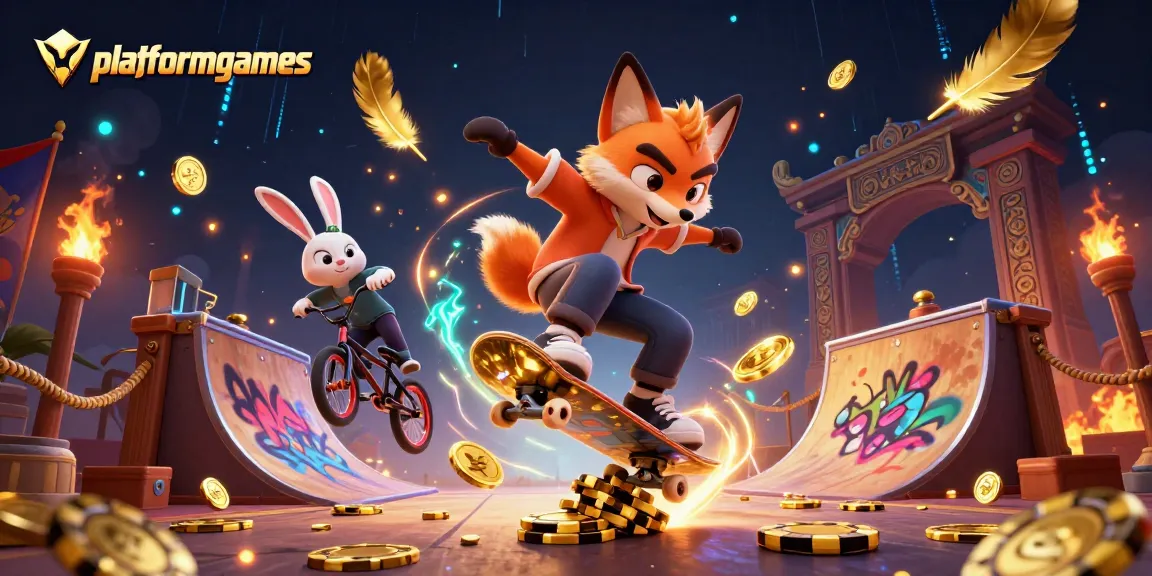 Platformgames showcases thrilling casino action with a skateboarder fox and BMX rabbit amidst vibrant gambling elements.