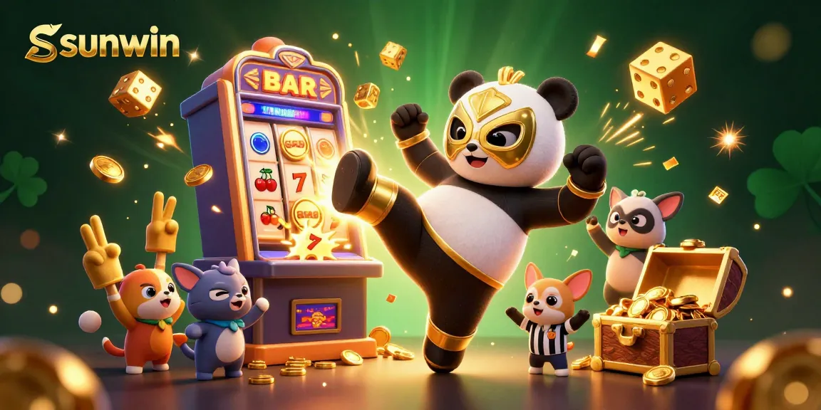 Experience the excitement of sunwin with a panda wrestler kicking in a colorful casino scene.