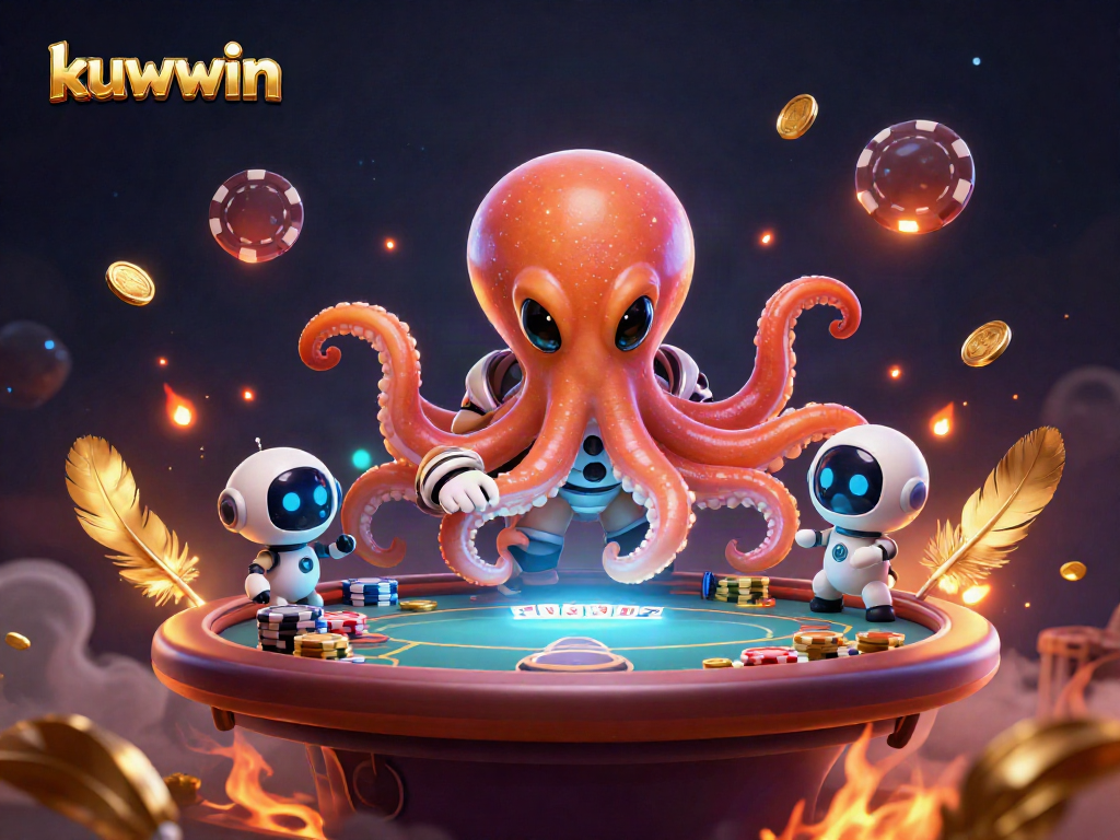 kuwwin alien octopus engages players at a holographic poker table surrounded by vibrant cosmic elements