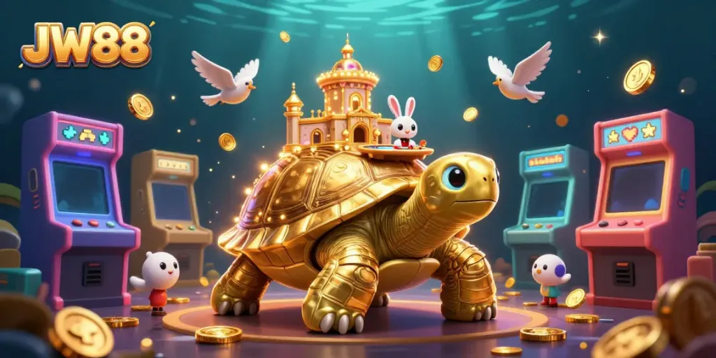 Experience the thrill of JW88 with a vibrant casino scene featuring a golden tortoise and a rabbit dealer.