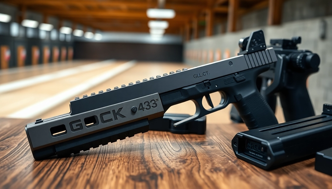 Showcase of Glock 43 slide MOS with precision features and accessories in a tactical setting.