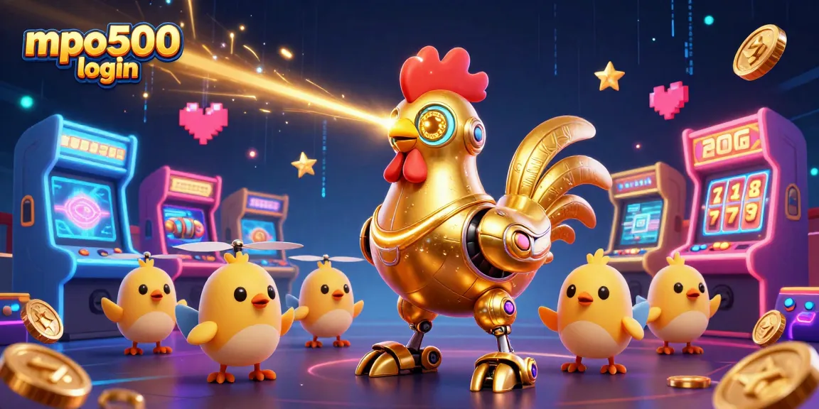 Play mpo500 login with dynamic gaming elements and a cartoon golden rooster in a vibrant casino scene.