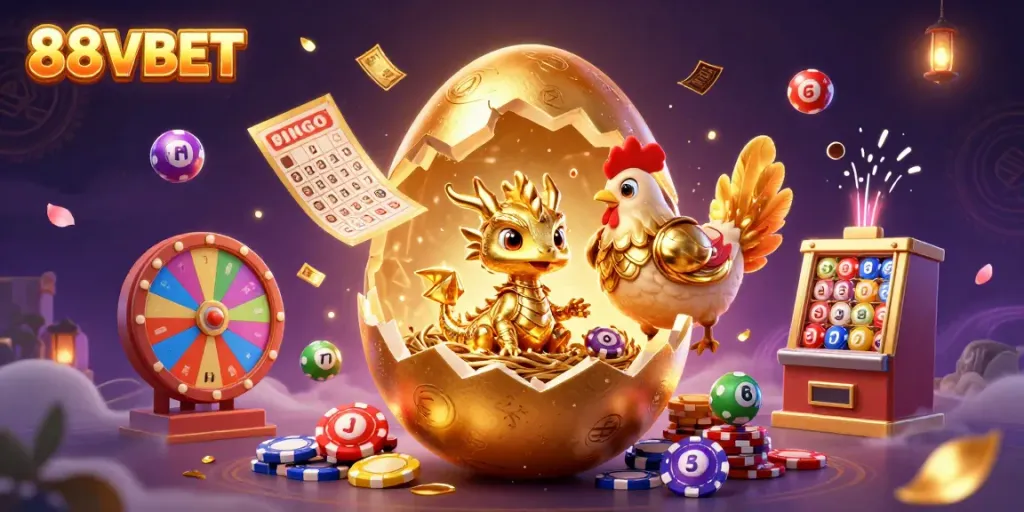 Experience the thrill at 88VBET with a vibrant 3D digital illustration featuring a baby dragon and casino elements.