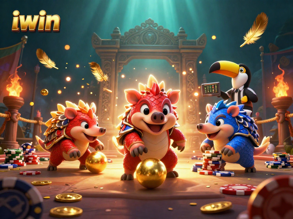 Win exciting rewards with iwin in a vibrant 3D pangolin-themed casino showdown illustration.