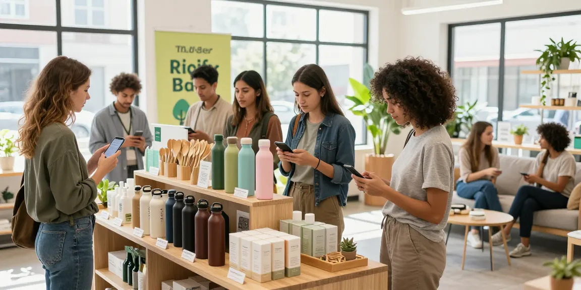 Engaging shopping experience at ebbfilter.com showcasing eco-friendly products and diverse customers in a bright retail space.