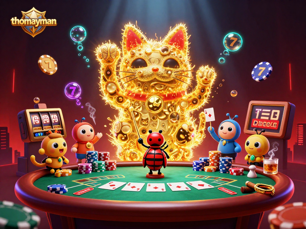 Experience rich gaming visuals with thomayman, showcasing a dynamic lucky cat, vibrant poker elements, and glowing effects.