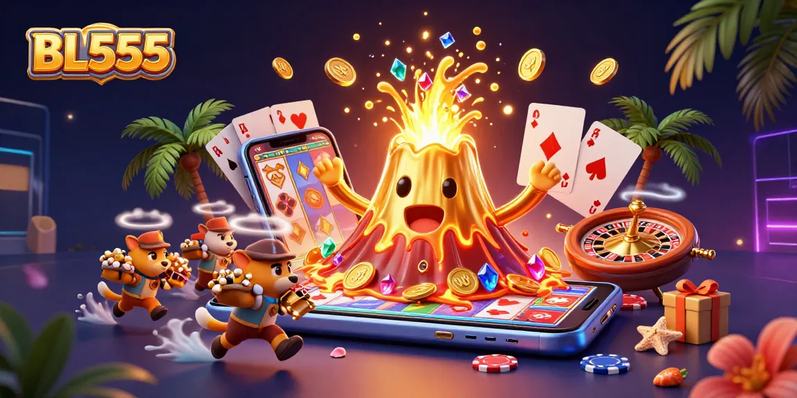 Experience thrilling wins at BL555 with vibrant treasures and gaming excitement in a lively casino scene.